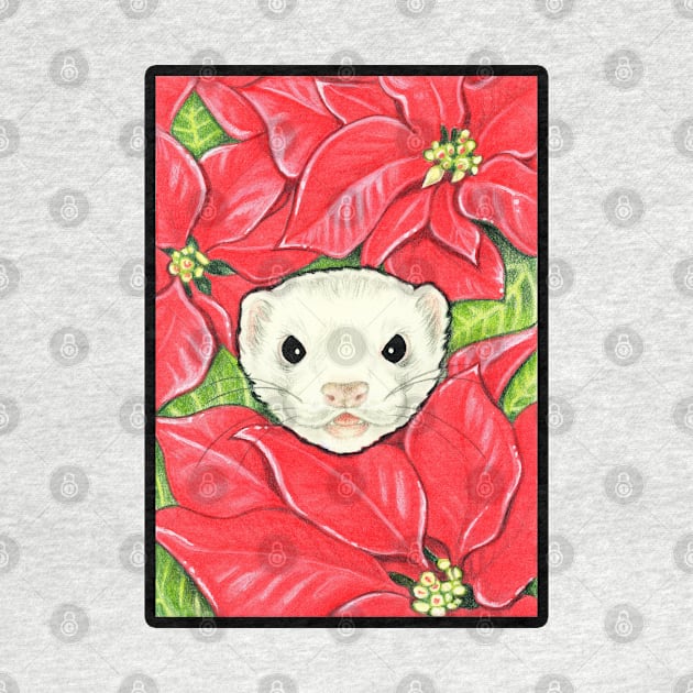 Ferret in Poinsettias - Black Outlined Version by Nat Ewert Art